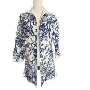 Grace Chuang Art to Wear Floral Open Front Jacket Blazer Blue White XS Pockets